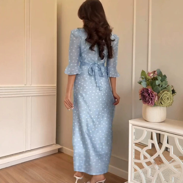 Women's maxi dress with lace V-neck, full button placket and puff sleeves Mune Fashion