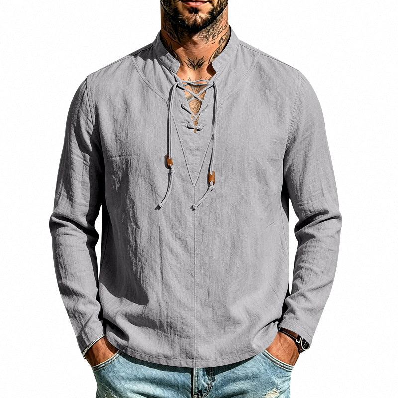 Men's linen shirt with stand-up collar and lacing Mune Fashion