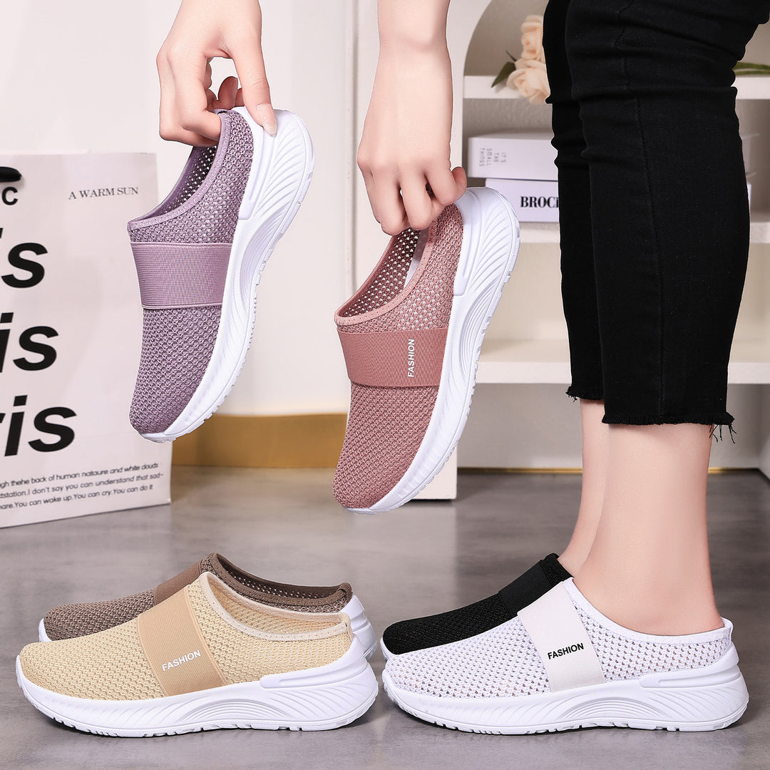 Women's breathable knit slippers with elastic mid-strap and shock-absorbing wave sole Mune Fashion