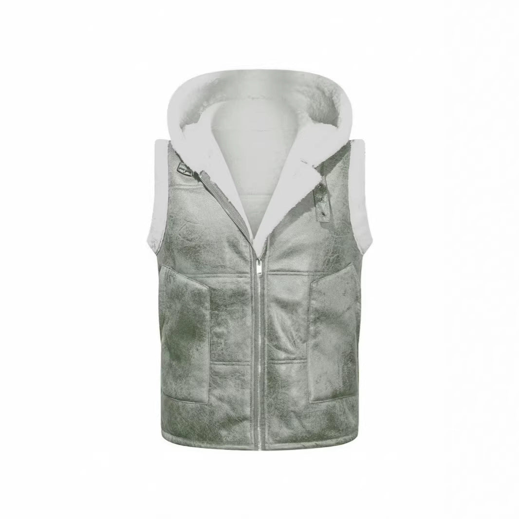 Men's Sleeveless Lambskin Imitation Vest with Hooded Collar and Front Pockets Mune Fashion