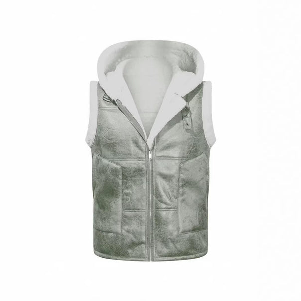 Men's Sleeveless Lambskin Imitation Vest with Hooded Collar and Front Pockets Mune Fashion