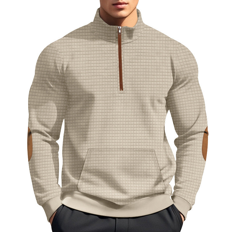 Men's quilted half-zip sweatshirt with stand-up collar, kangaroo pocket, and faux leather elbow patches Mune Fashion