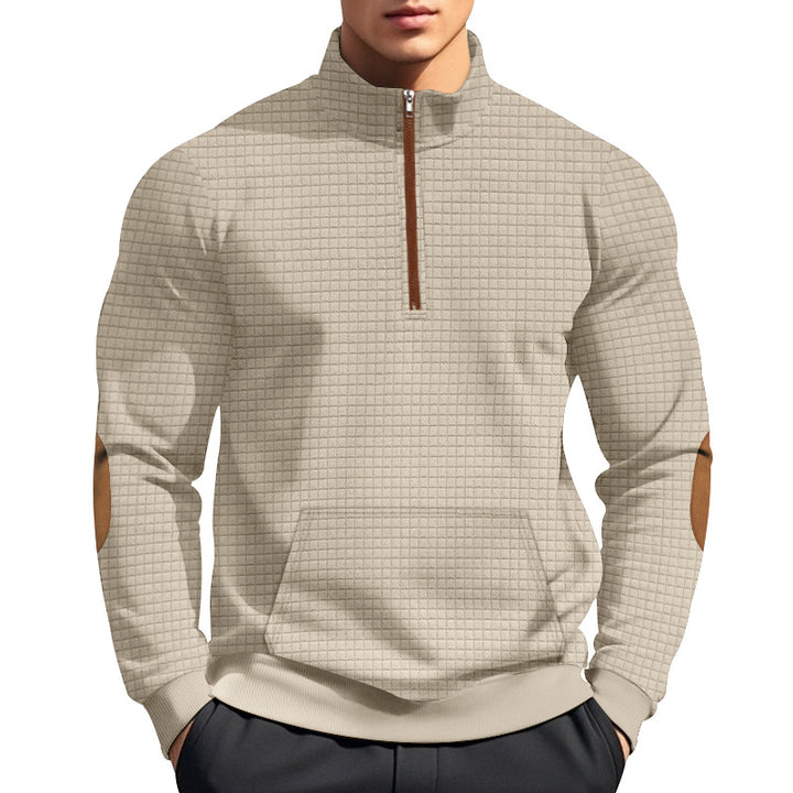 Men's quilted half-zip sweatshirt with stand-up collar, kangaroo pocket, and faux leather elbow patches Mune Fashion