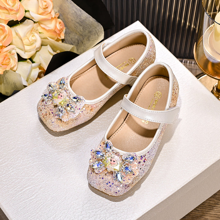 Girls Mary Jane Glitter Ballet Flats with Flower Decoration Mune Fashion