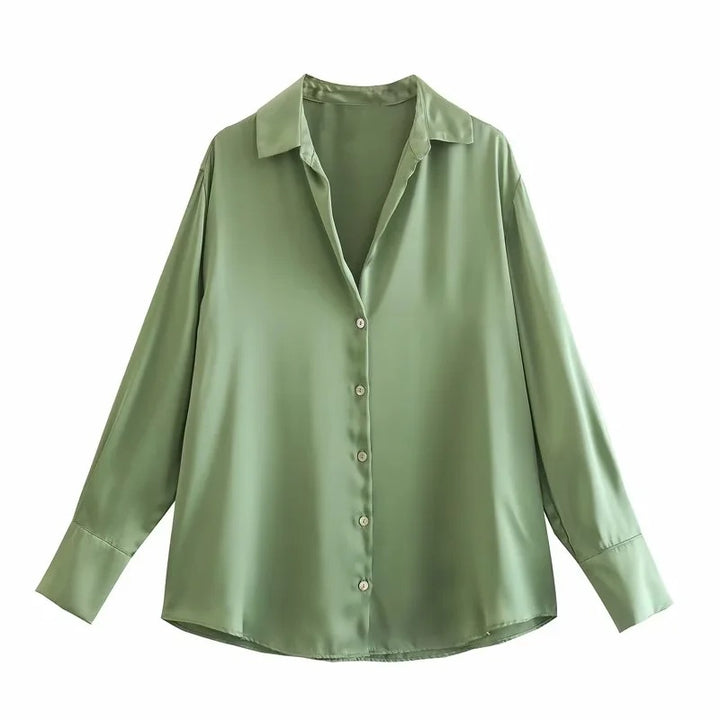 Ladies Oversized Satin Blouse with Shirt Collar and Wide Cuffs Mune Fashion