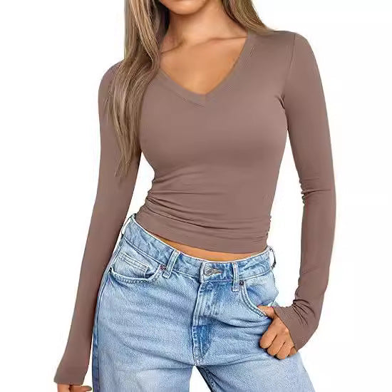 Women's Fitted Long Sleeve Cropped Shirt with V-Neck and Elastic Waistband Mune Fashion