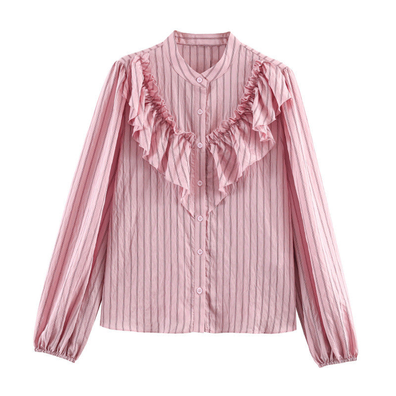 Women's Ruffle Blouse with Stand Collar, Fine Stripes and Gathered Sleeves Mune Fashion