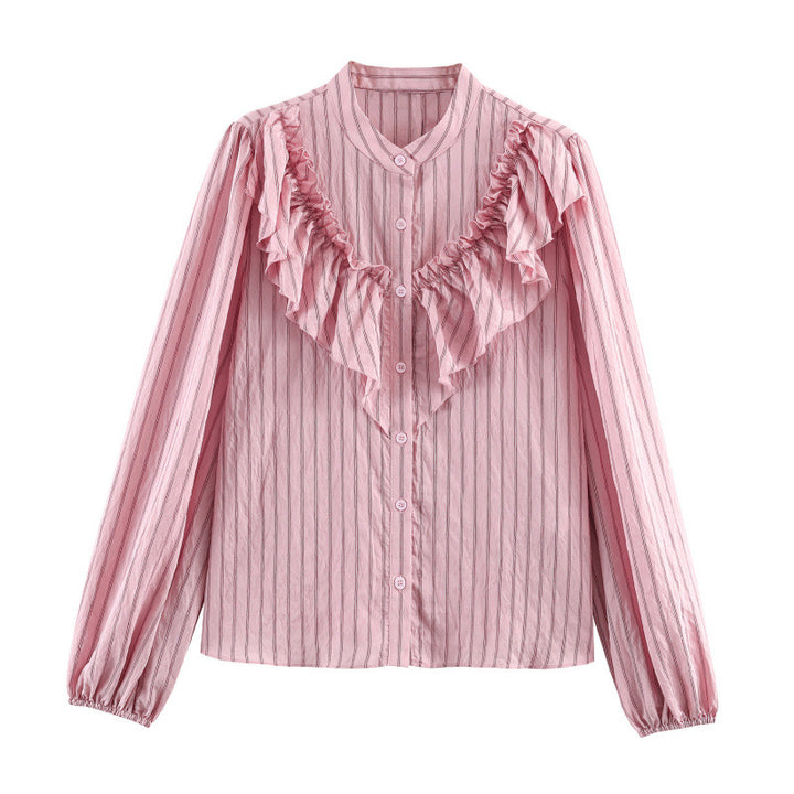 Women's Ruffle Blouse with Stand Collar, Fine Stripes and Gathered Sleeves Mune Fashion