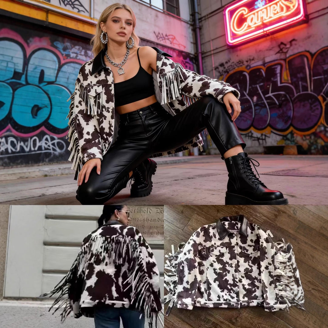 Women’s teddy trucker jacket with cow spot pattern and faux leather collar Mune Fashion