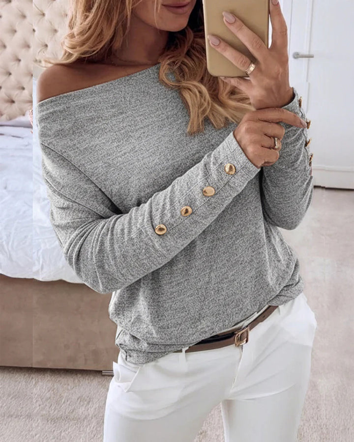 Women's Off-shoulder fine knit pullover with decorative button placket on the sleeves Drune