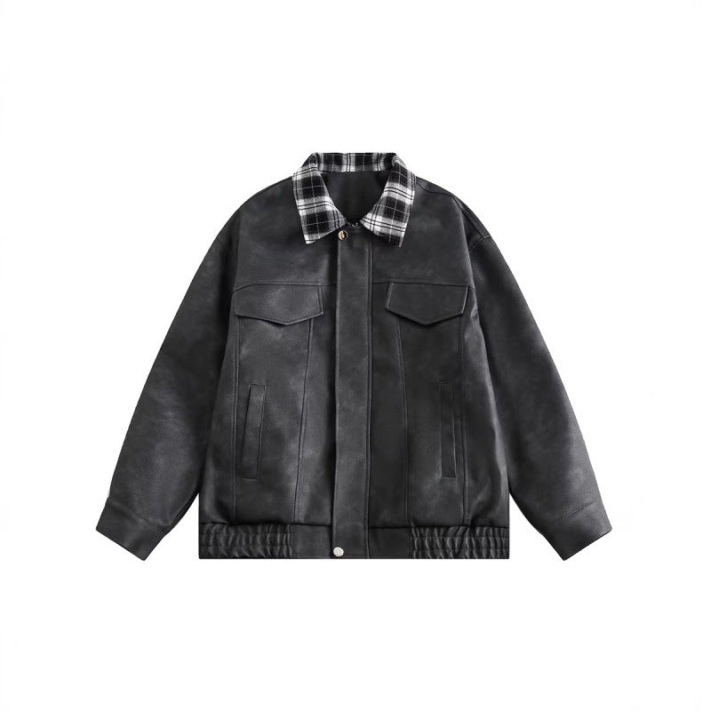 Men's suede look bomber jacket with checked shirt collar, flap pockets, and elastic hem Mune Fashion