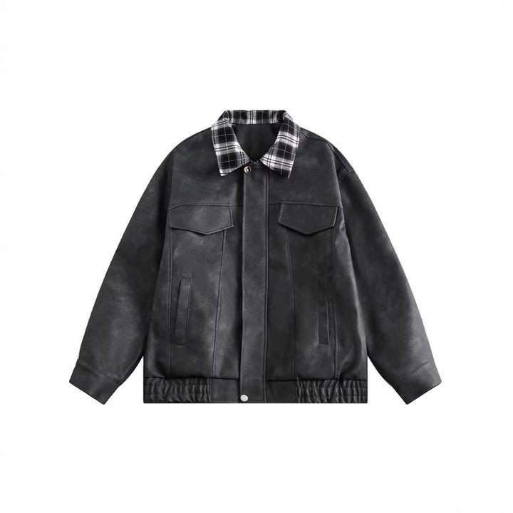 Men's suede look bomber jacket with checked shirt collar, flap pockets, and elastic hem Mune Fashion