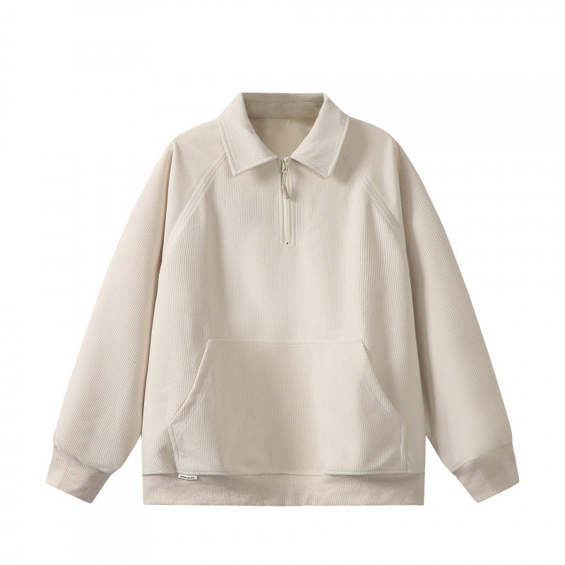 Unisex Oversize Half-zip Sweatshirt with Polo Collar, Waffle Structure and Kangaroo Pocket Mune Fashion