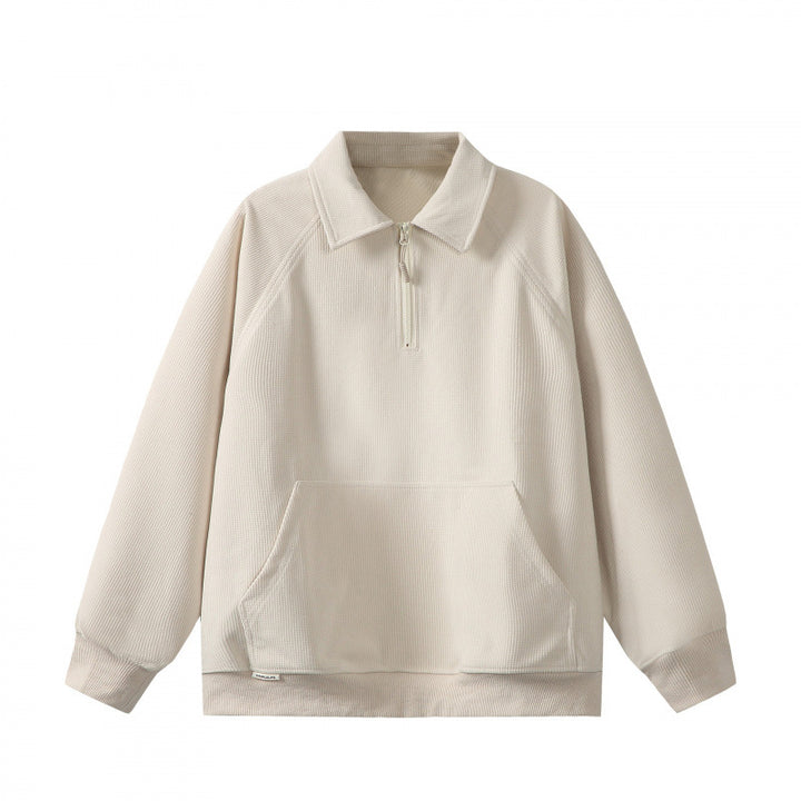Unisex Oversize Half-zip Sweatshirt with Polo Collar, Waffle Structure and Kangaroo Pocket Mune Fashion
