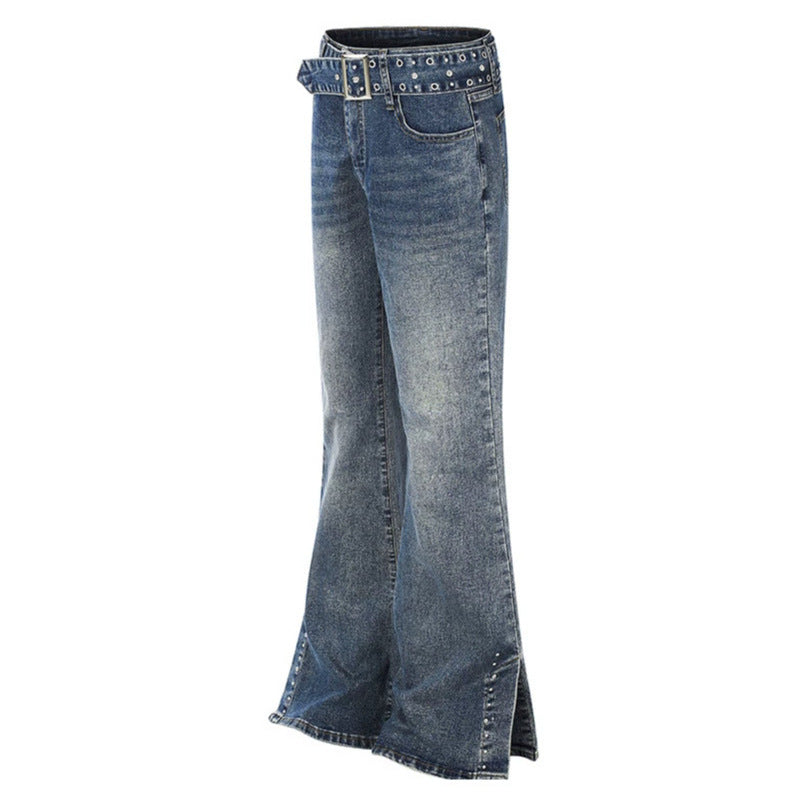 Women's High-Waist Flared Denim Jeans with Studded Detail, Wide Flare and Decorative Belt Mune Fashion