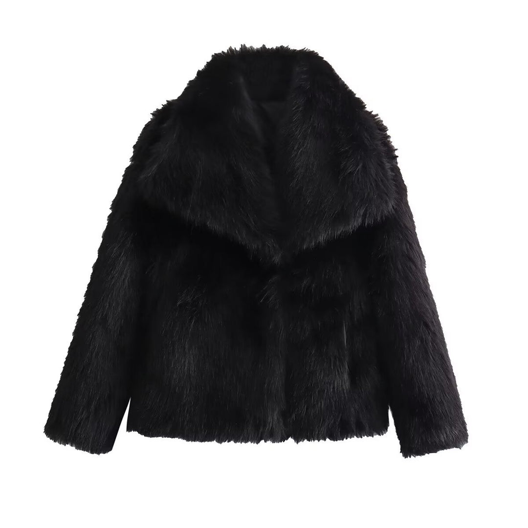 Ladies Short Boxy Faux Fur Jacket with Wide Shawl Collar and Long Fiber Faux Fur Mune Fashion