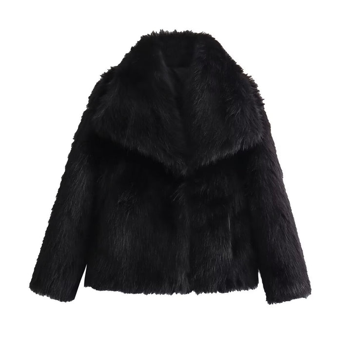 Ladies Short Boxy Faux Fur Jacket with Wide Shawl Collar and Long Fiber Faux Fur Mune Fashion