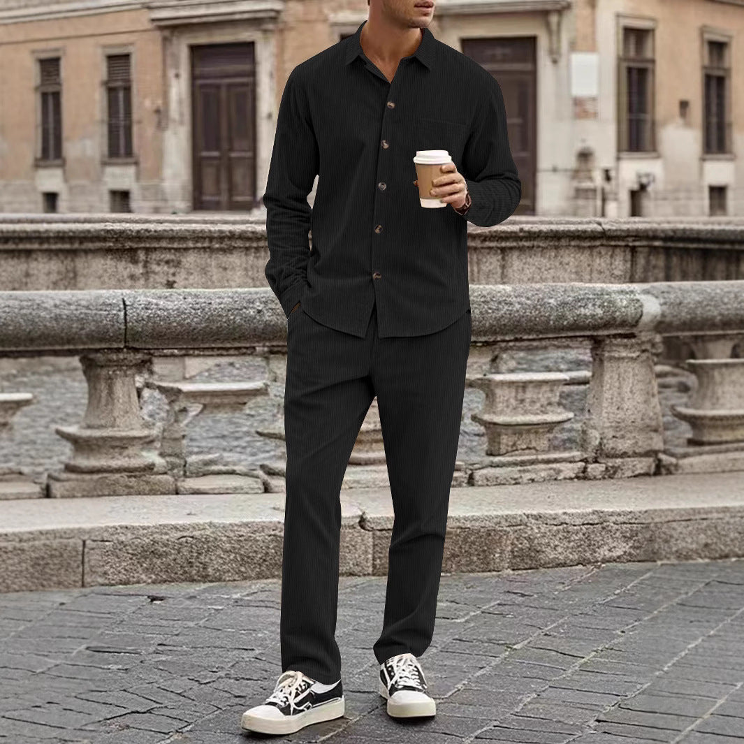 Men's casual shirt-pants two-piece set made of fine corduroy with chest pocket and straight fit Mune Fashion