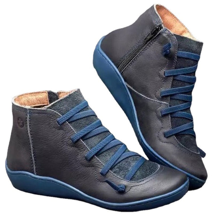 Women's Ankle-Height Comfort Boots with Elastic Decorative Lacing and Side Zipper Mune Fashion