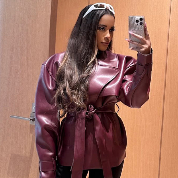 Women's Tailored Faux Leather Blouson with Ties and Voluminous Shoulder Area Mune Fashion