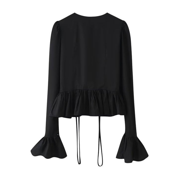 Women's 40+ romantic ruffle blouse with gathers, drawstring and bell sleeves Mune Fashion