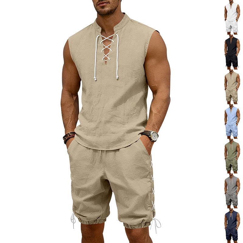 Men's sleeveless leisure set with lace collar and drawstring Bermuda Mune Fashion