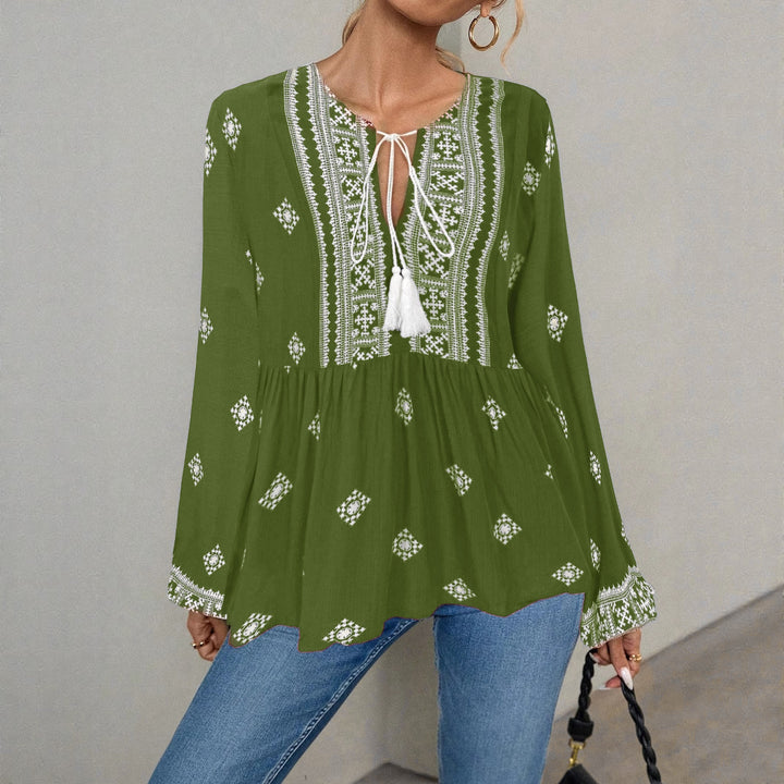 Women Embroidered Boho Tunic Blouse with Tassel Bands and Layered Hem Mune Fashion