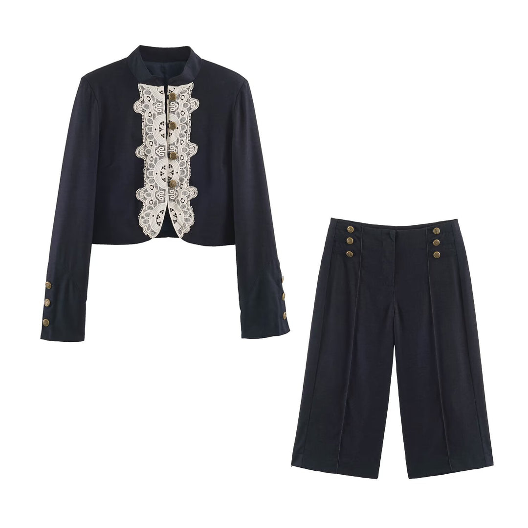Women Short Bolero Blazer with Lace Front and Decorative Button Details Drune