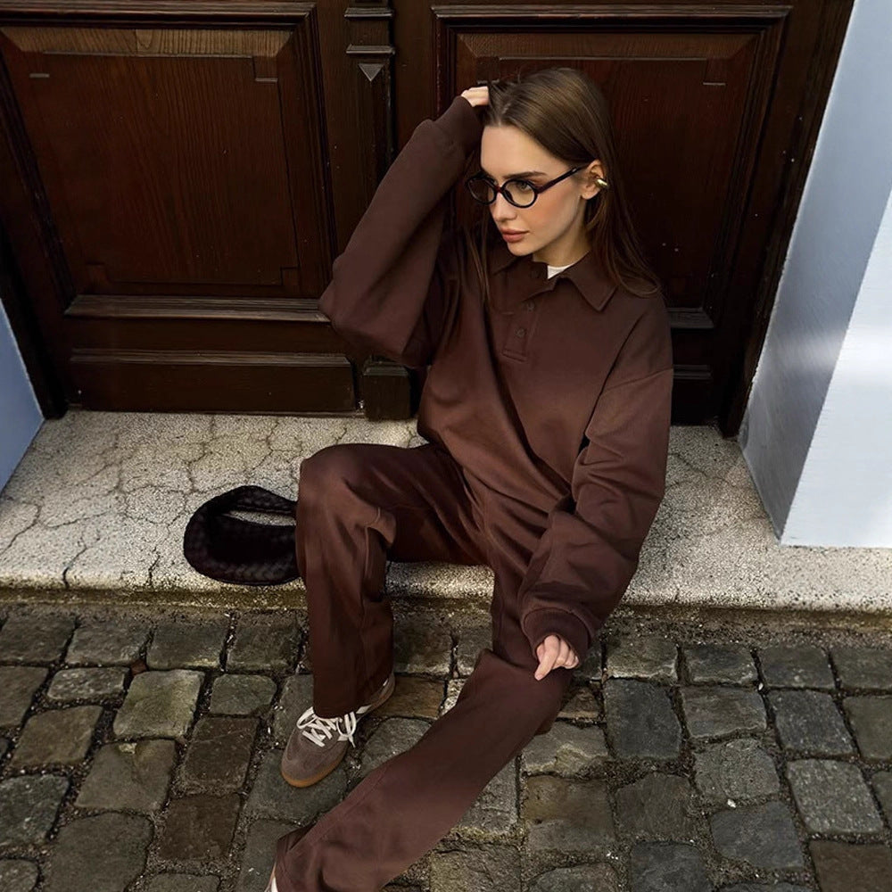 Women's Casual Polo Sweatset made of Organic Cotton Fleece with Oversized Sweater and High-Waist Jogger Mune Fashion