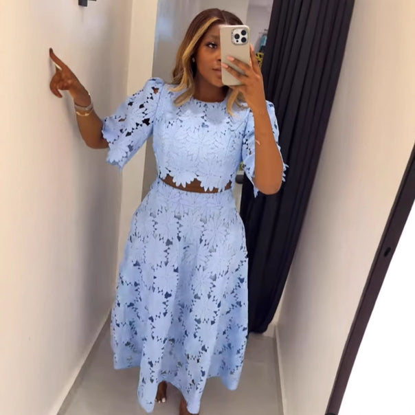 Ladies two-piece guipure lace set with cropped blouse and flared midi skirt Mune Fashion