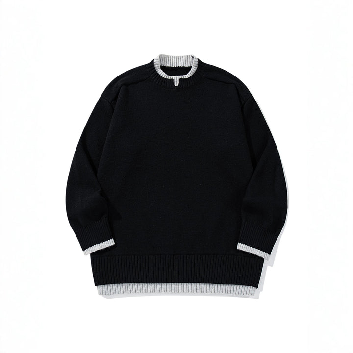 Ladies Oversize Knit Sweater with Contrasting Ribbed Collar and Extended Hem Mune Fashion