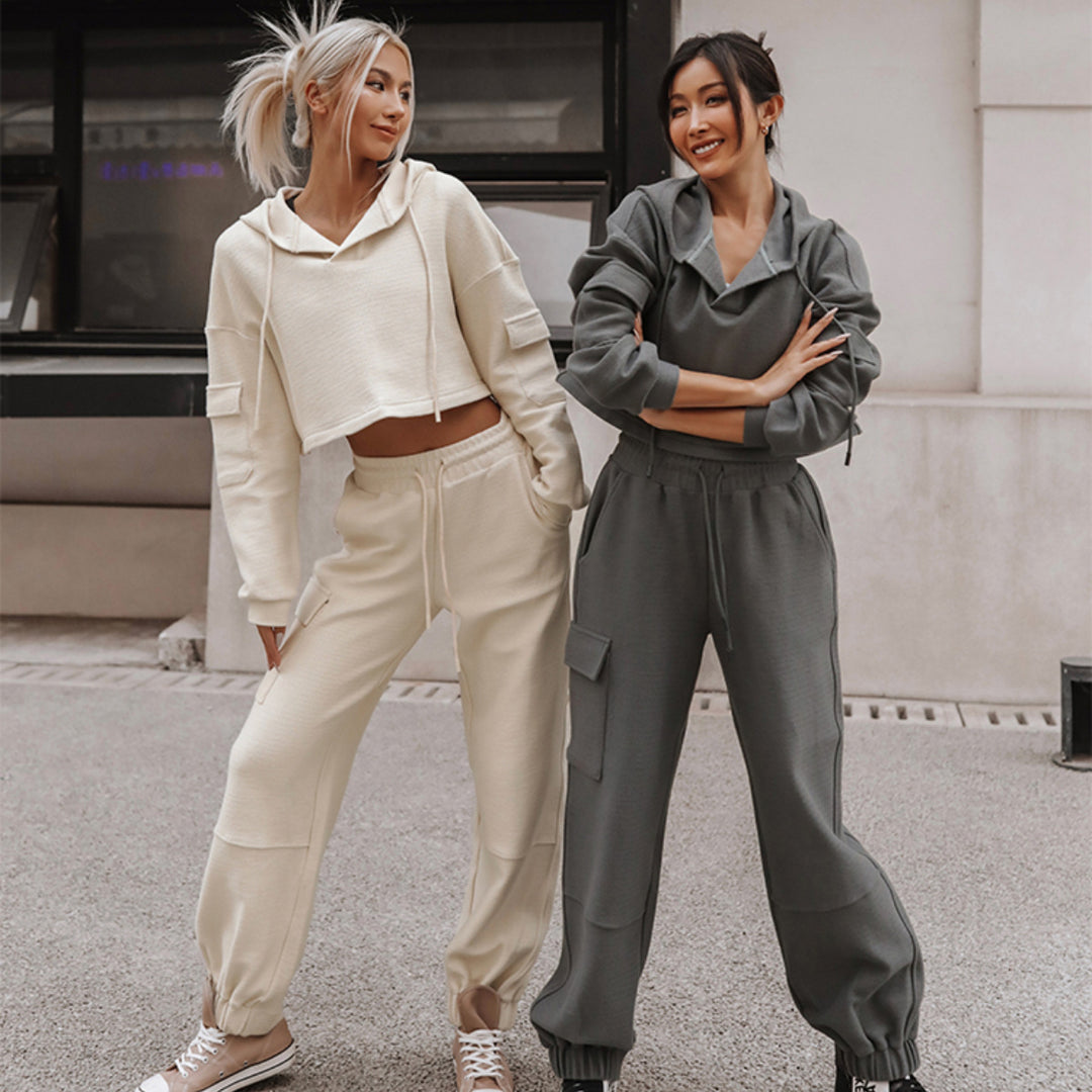 Women's nan Cropped Hoodie with Highwaist Cargo Jogging Pants Set Mune Fashion