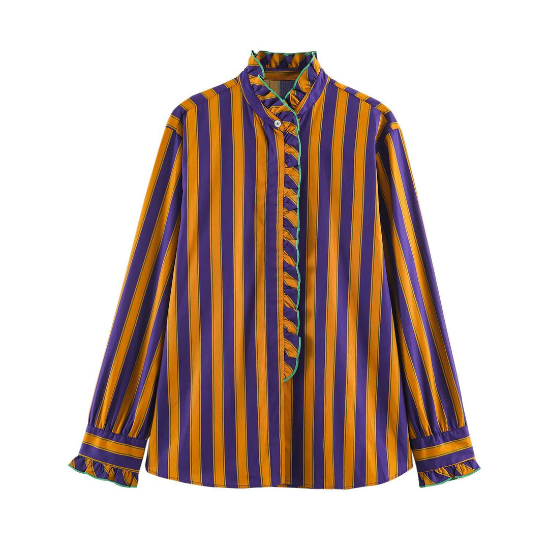 Women's Striped Blouse with Stand-up Collar, Ruffle Trim and Gathered Cuffs Mune Fashion