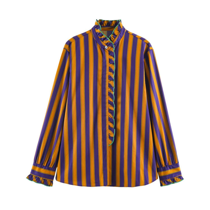 Women's Striped Blouse with Stand-up Collar, Ruffle Trim and Gathered Cuffs Mune Fashion