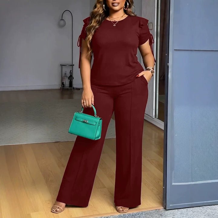 Women Two-Piece Jersey Set with Tailored Wide Leg Pants and Short Sleeve Knot Top Drune