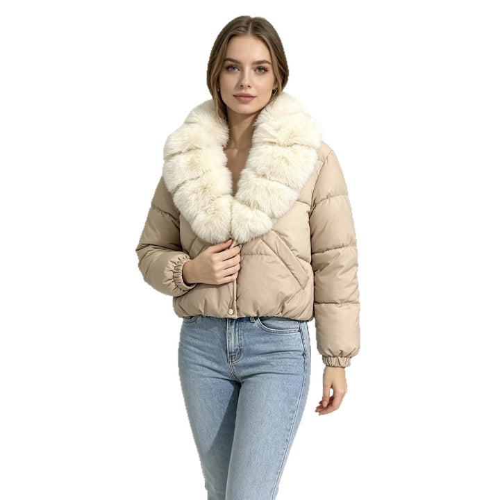 Women's cropped padded jacket with extra voluminous faux fur shawl collar and elastic cuffs Mune Fashion