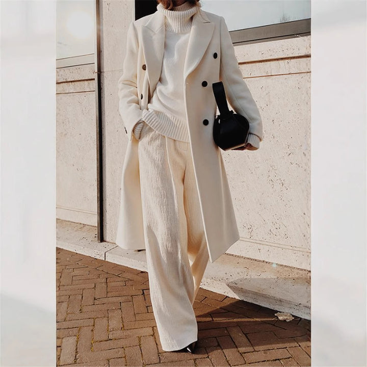 Ladies long cut double-breasted wool blend coat with wide silhouette Mune Fashion