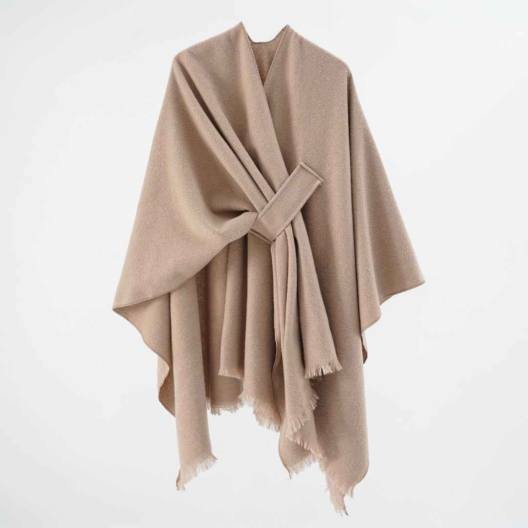 Women's lightweight wool blend wrap with fringes and tie belt Mune Fashion