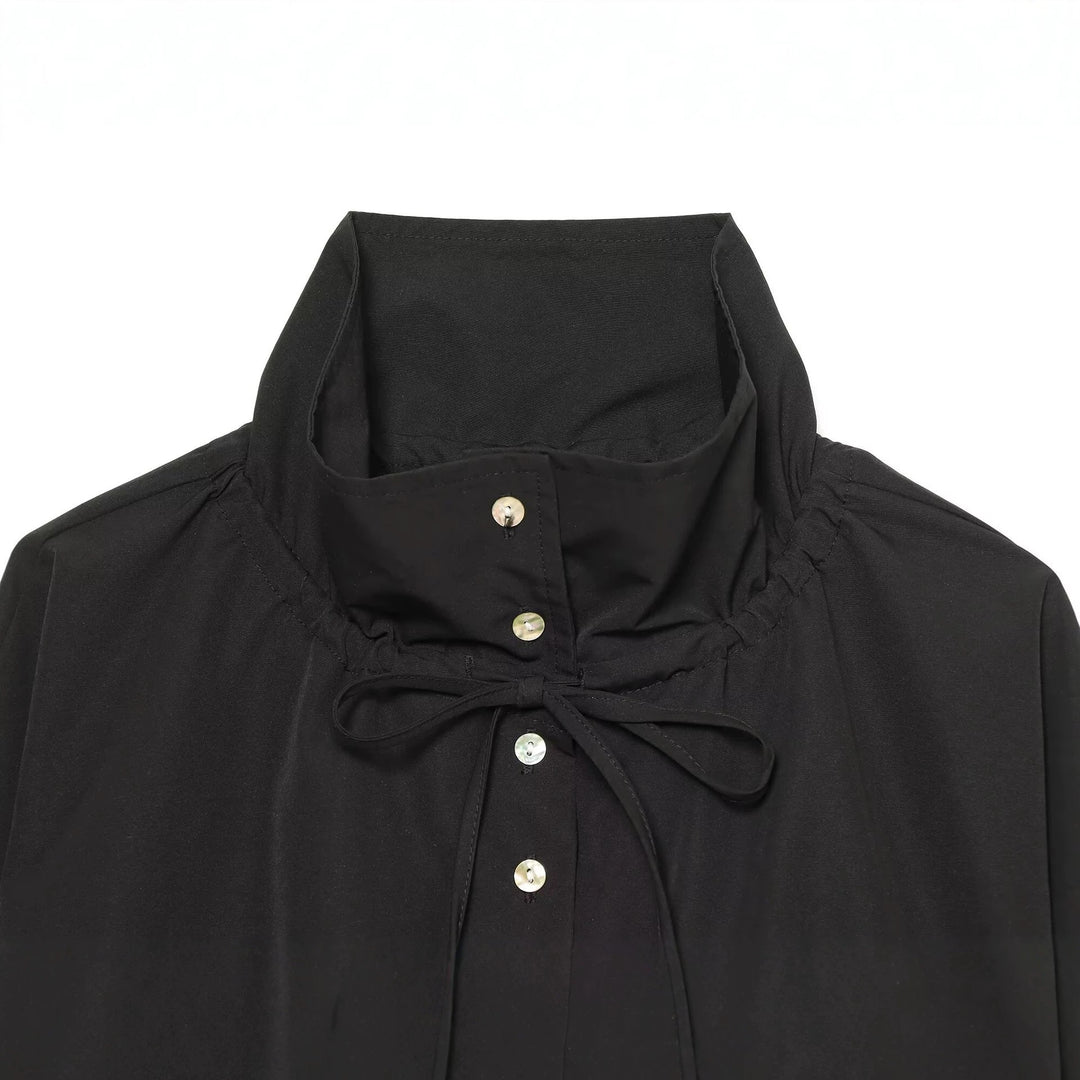 Women's Short Cropped Blouson with High Stand Collar, Button Placket and Drawstring Hem