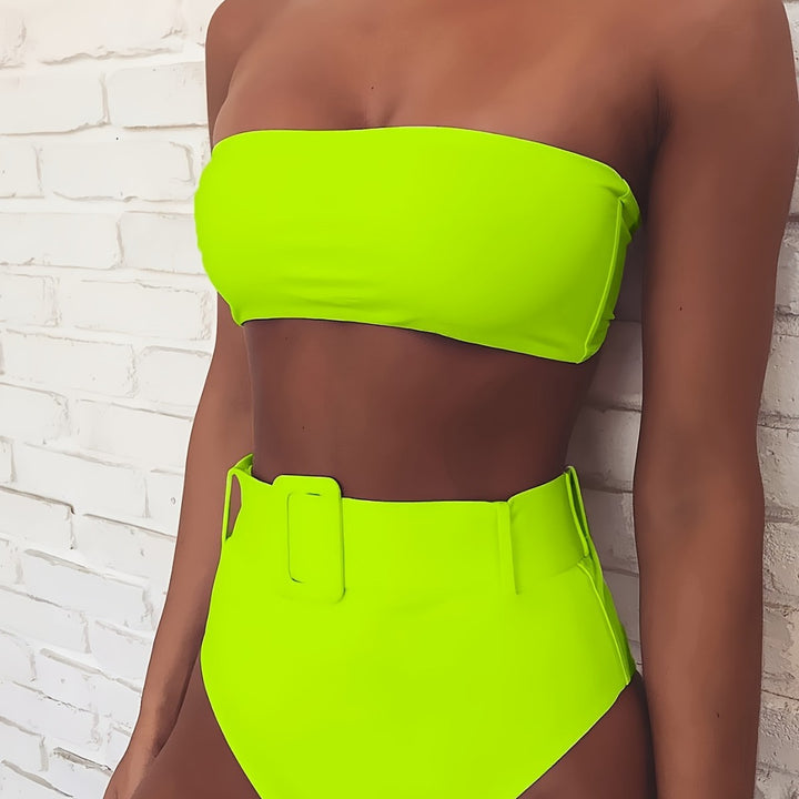 Women's bandeau bikini set with high-waisted pants and trendy belt detail Mune Fashion