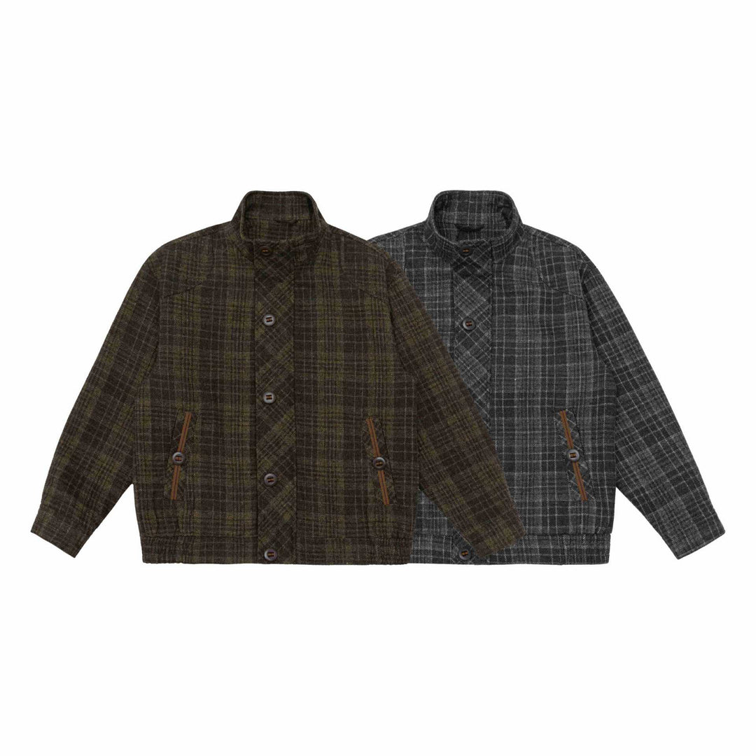 Men's Short Cut Wool Blend Puffer Jacket with Check Pattern and Stand Collar Mune Fashion