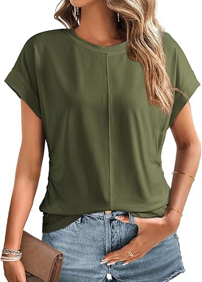 Women's Relaxed-Fit Short Sleeve Shirt with Decorative Center Seams and Cuffed Sleeves Mune Fashion