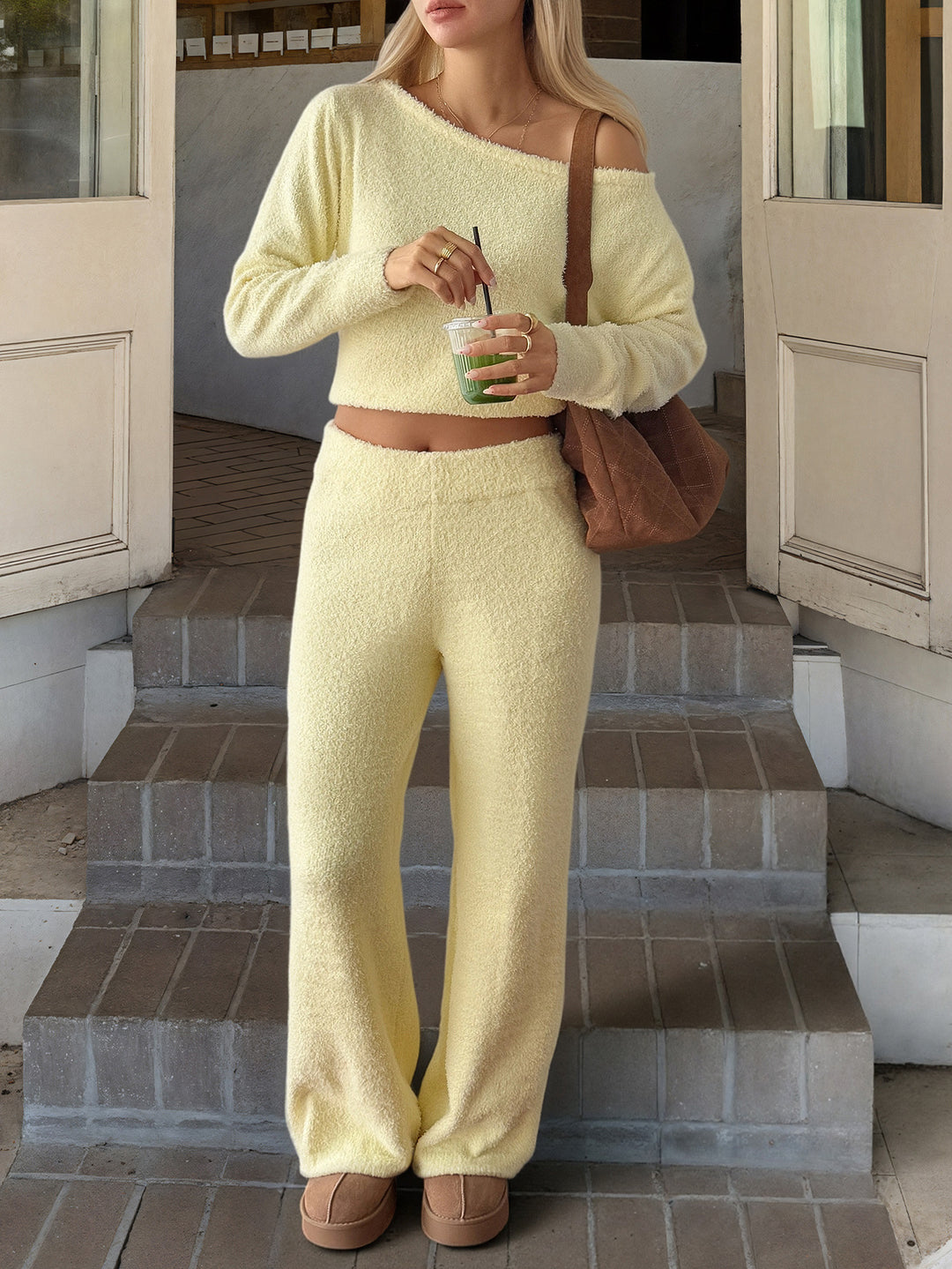 Women's cozy bouclé lounge set with one-shoulder crop pullover and high-waist palazzo pants Mune Fashion