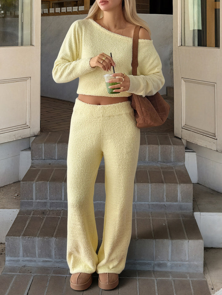 Women's cozy bouclé lounge set with one-shoulder crop pullover and high-waist palazzo pants Mune Fashion