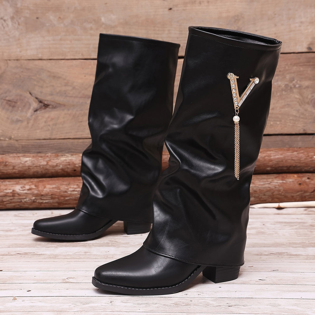 Women Knee-High Slouch Boots with Rhinestone Detail and Medium Block Heel Mune Fashion