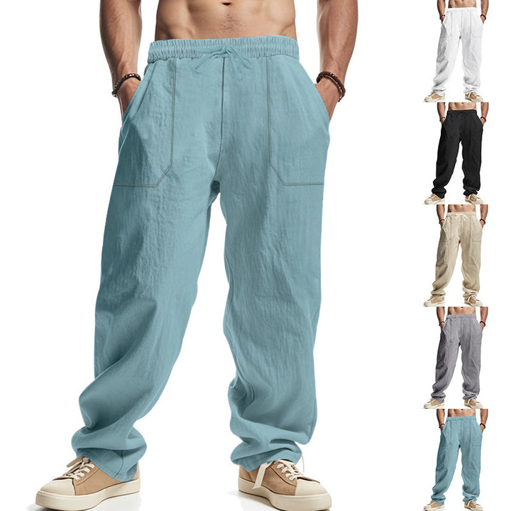 Men's casual linen blend pants with elastic drawstring, applied front pockets, and straight leg Mune Fashion