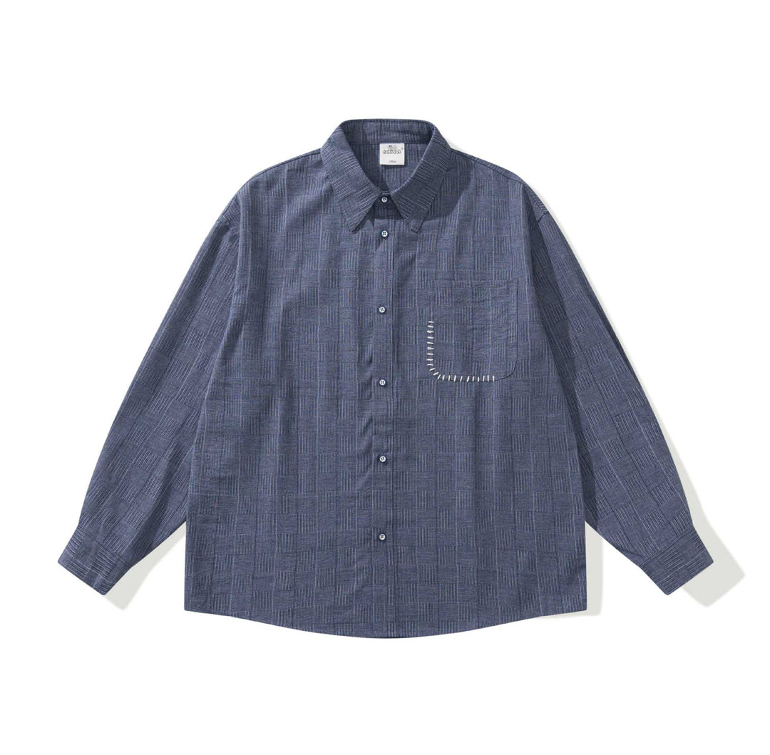 Men's Long Sleeve Oversized Shirt with Textured Check Pattern Look and Decorative Stitch Mune Fashion