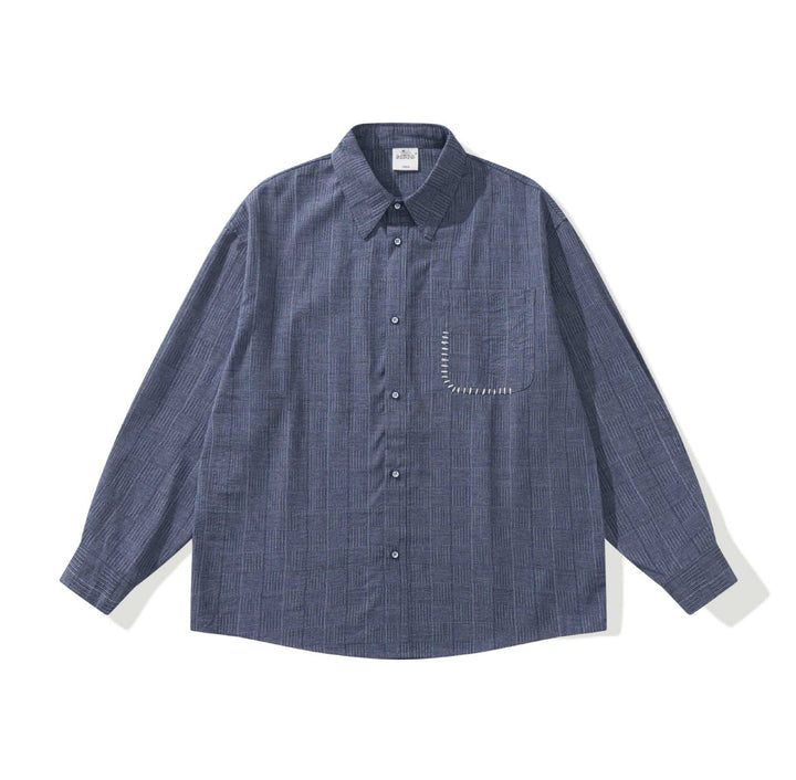 Men's Long Sleeve Oversized Shirt with Textured Check Pattern Look and Decorative Stitch Mune Fashion