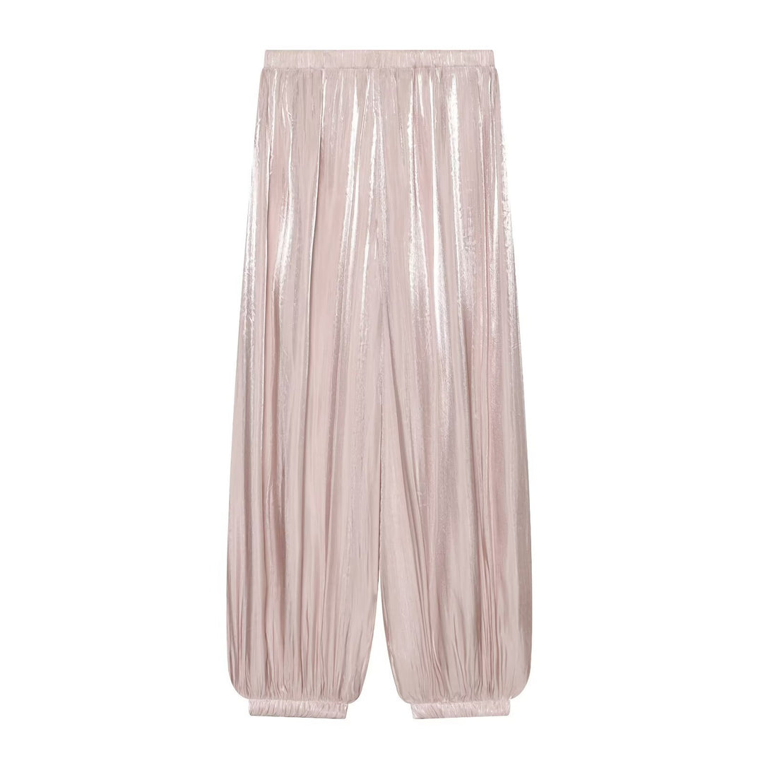 Women's Pleated Shiny High-Waist Palazzo Jogger Mune Fashion