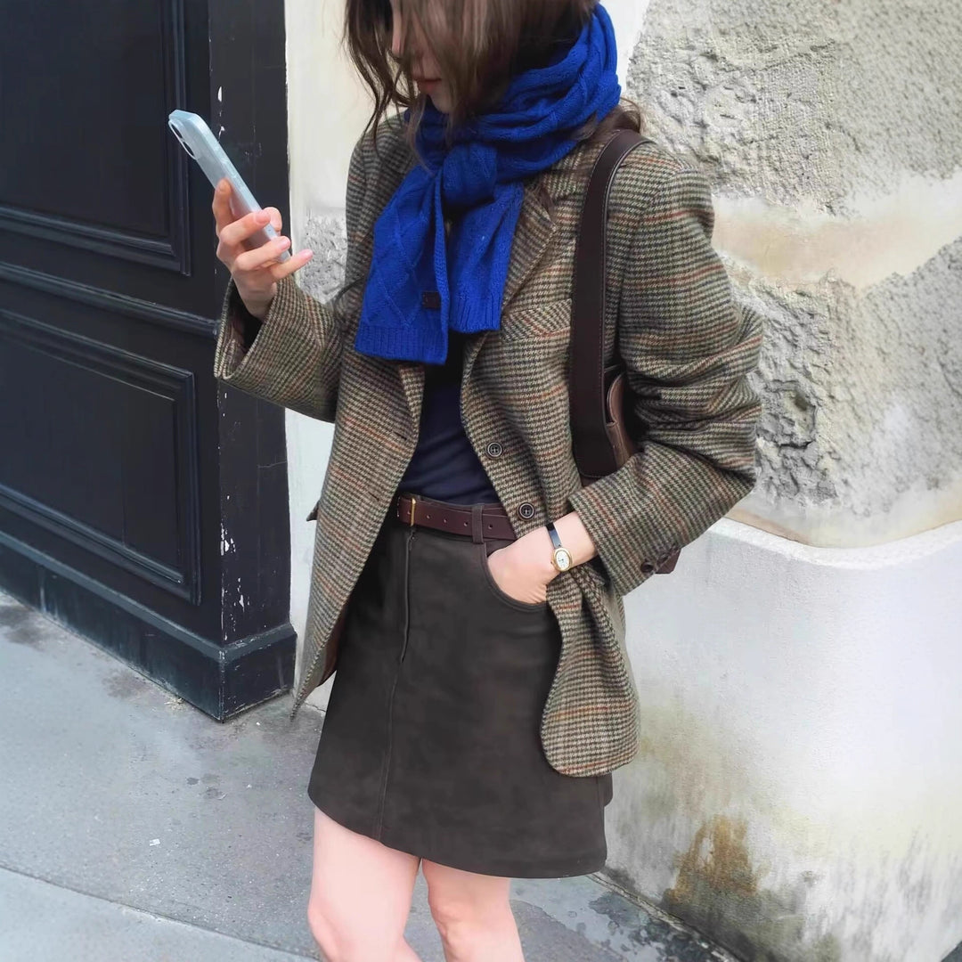 Women's Glencheck Blazer with Notch Lapels, Patch Pockets and Tailored Silhouette Mune Fashion